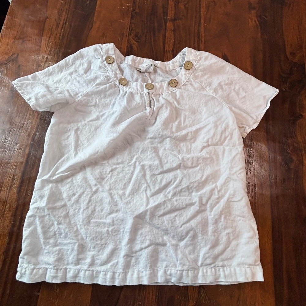 Orchadia Casuals Vintage White Linen Cotton Blouse Wooden‎ Button Keyhole Small